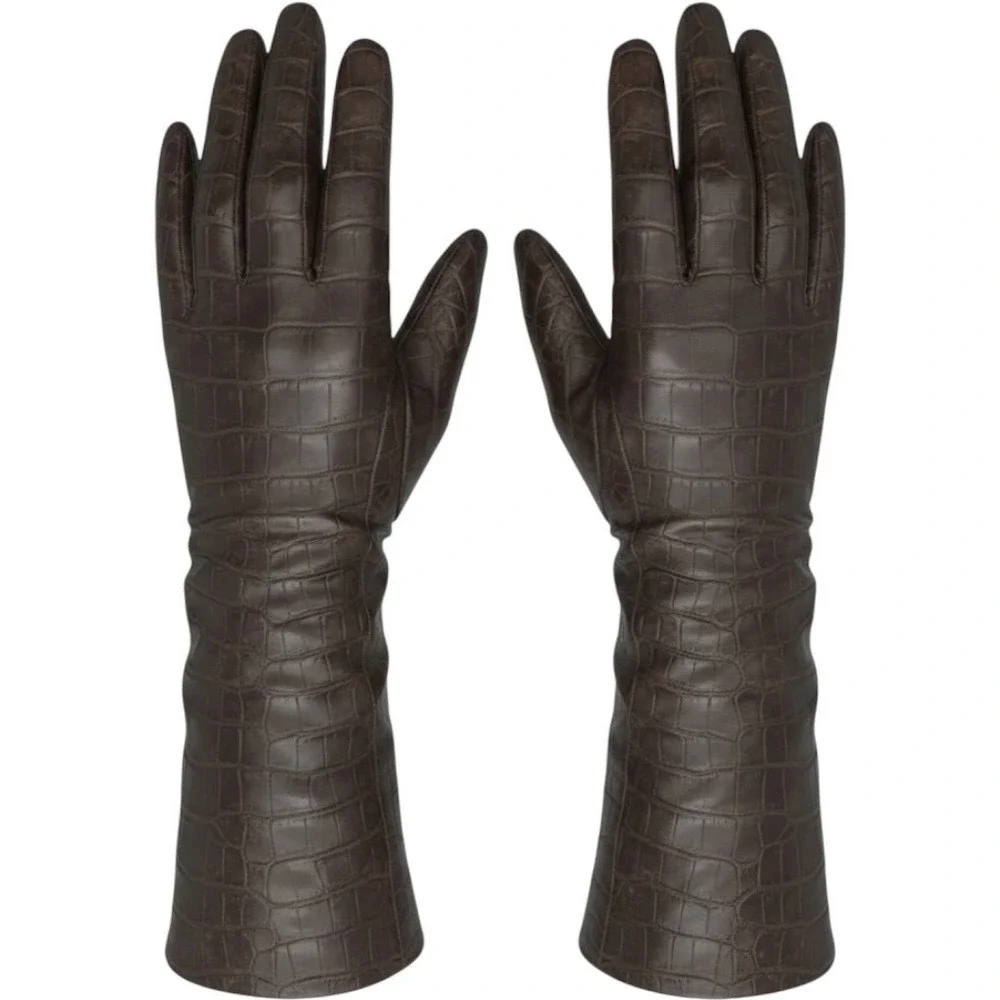 Parisi Italy Long Leather Gloves Size 7 Brown Croc Embossed 100% Wool Lined